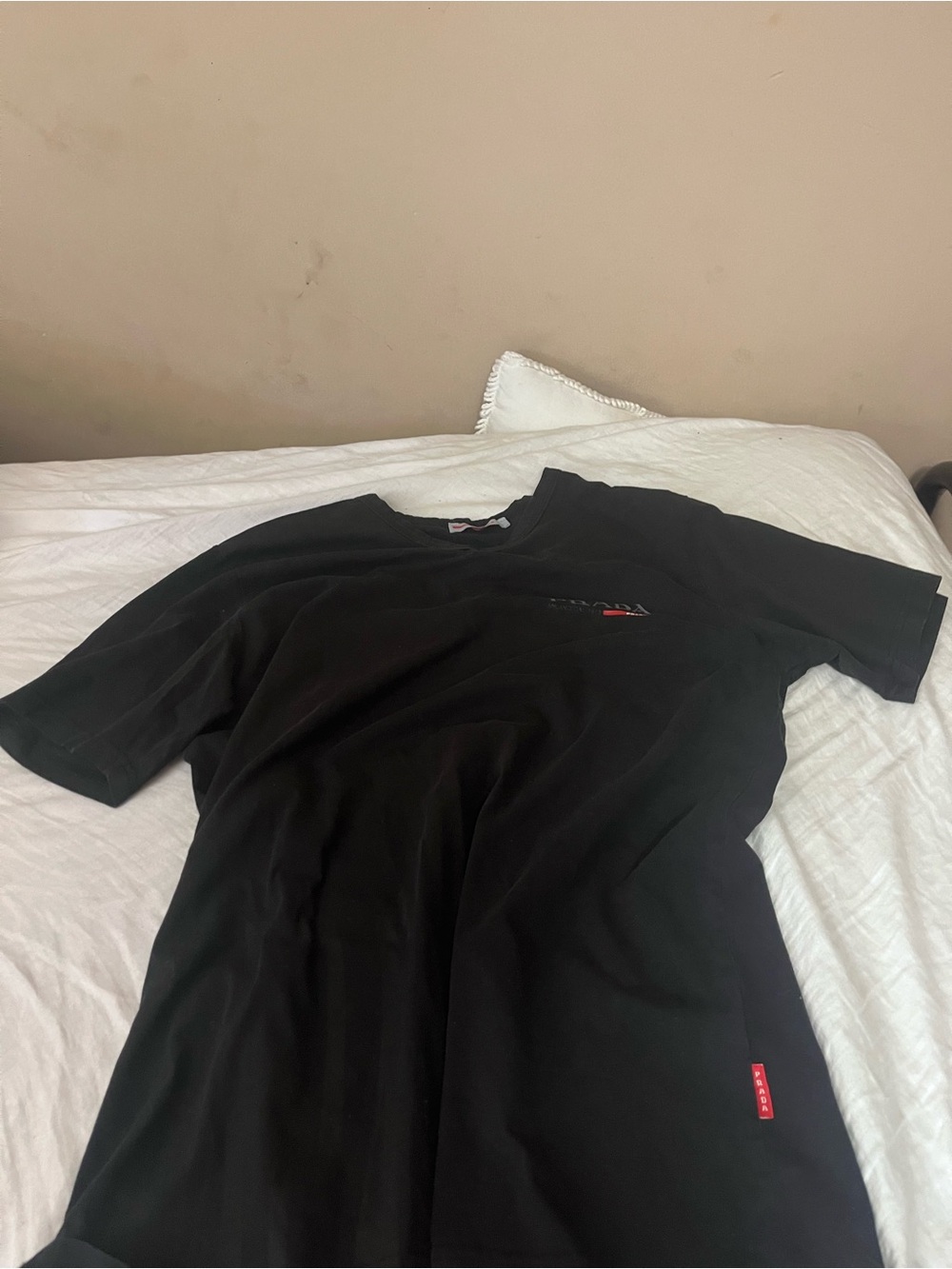 Prada Black Short-Sleeve Crew Neck Tee with Red Logo Tabs
